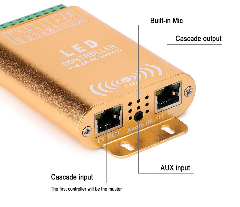 DC7-24V Double Channels 2048 pixels LED WIFI SPI Music Spectrum Android Controller For WS2812B, SK6812 RGB/RGBW Addressable LED Strip Lights APP Support Input Content DC7-24V Double Channels 2048 pixels LED WIFI SPI Music Spectrum Android Controller For WS2812B, SK6812 RGB/RGBW Addressable LED Strip Lights APP Support Input Content